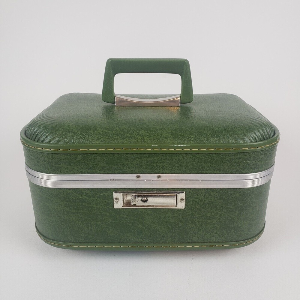 Vintage Green Hard Shell Train Cosmetic Makeup Case No Key